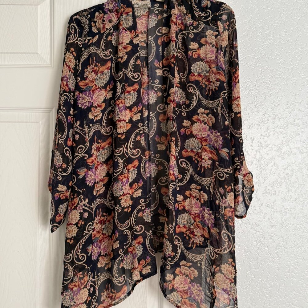 Gimmicks by BKE Sheer Floral Cardigan, Blue, Large
